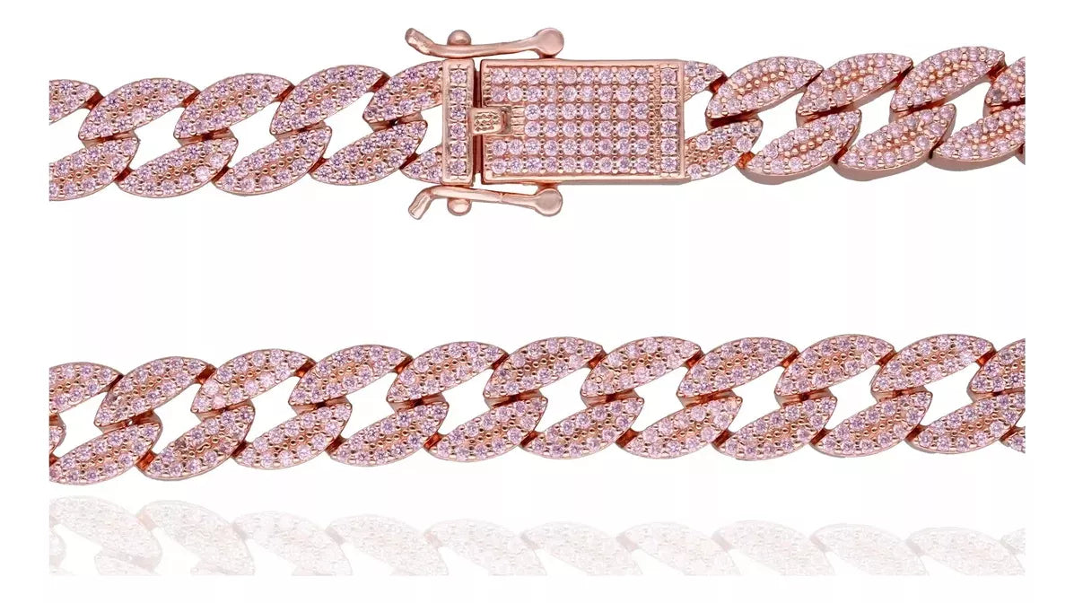 Cadena Unisex Barbada Grosor de 10mm Plata Italian Micropave Rosa