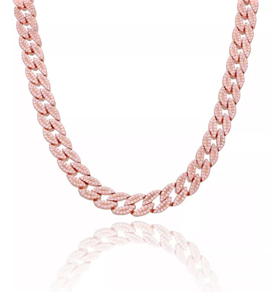 Cadena Unisex Barbada Grosor de 10mm Plata Italian Micropave Rosa