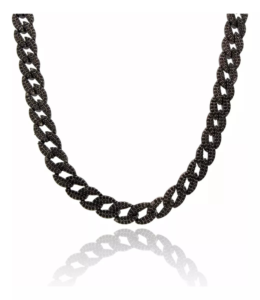 Cadena Unisex Barbada Grosor 10mm Plata Italiana Con Rodio Negro