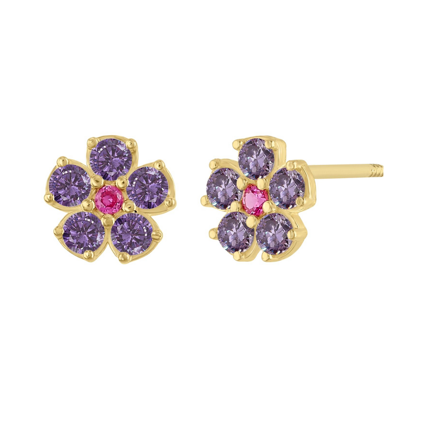 Broqueles Flor 5 Pétalos color morado/rosa en oro 10k amarillo con circonias  Cod: 14936 5mm