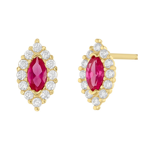 Broqueles Marquise semilla en oro 10k amarillo con circonia magenta Cod: 14939 7mm