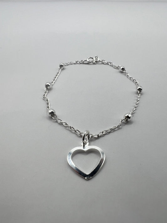 Pulsera Unisex de Plata .925 con colgante de corazón y bolitas 1mm 1.7gr 18cm