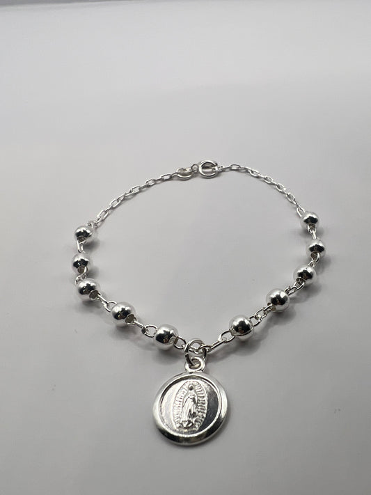 Pulsera Unisex de Plata .925 con Colgante de bolitas y Virgen de Guadalupe 1mm 3.4gr 18cm