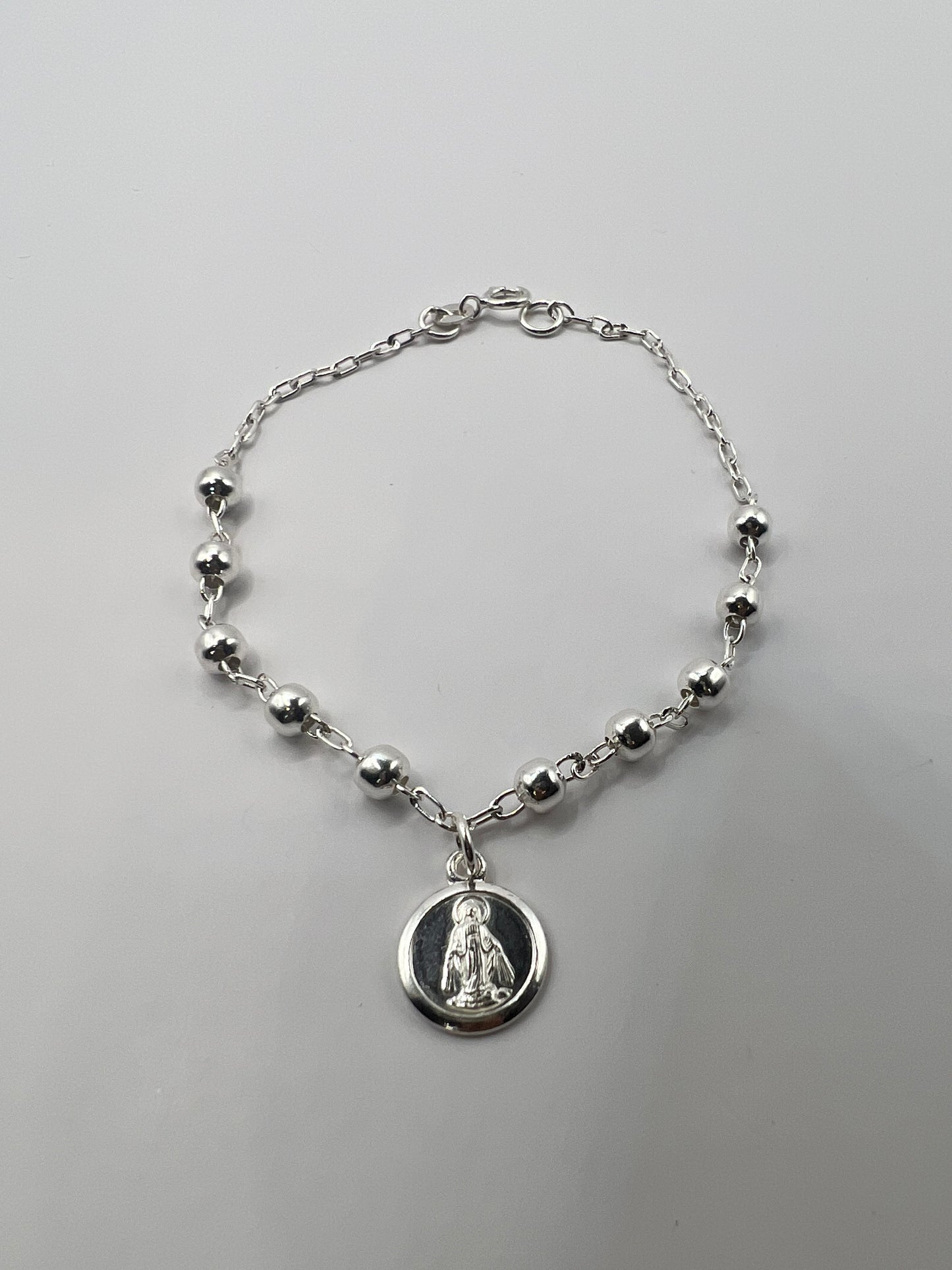 Pulsera Unisex de Plata .925 con Colgante de bolitas y Virgen de Guadalupe 1mm 3.5gr 19cm