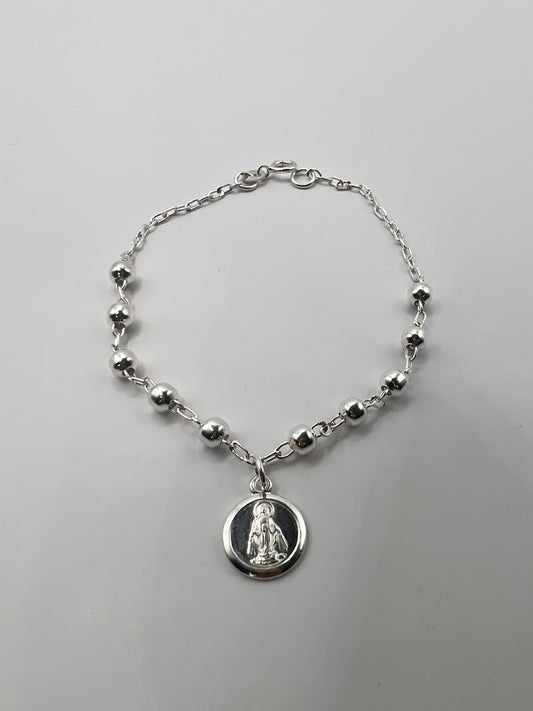 Pulsera Unisex de Plata .925 con Colgante de bolitas y Virgen de Guadalupe 1mm 3.5gr 19cm