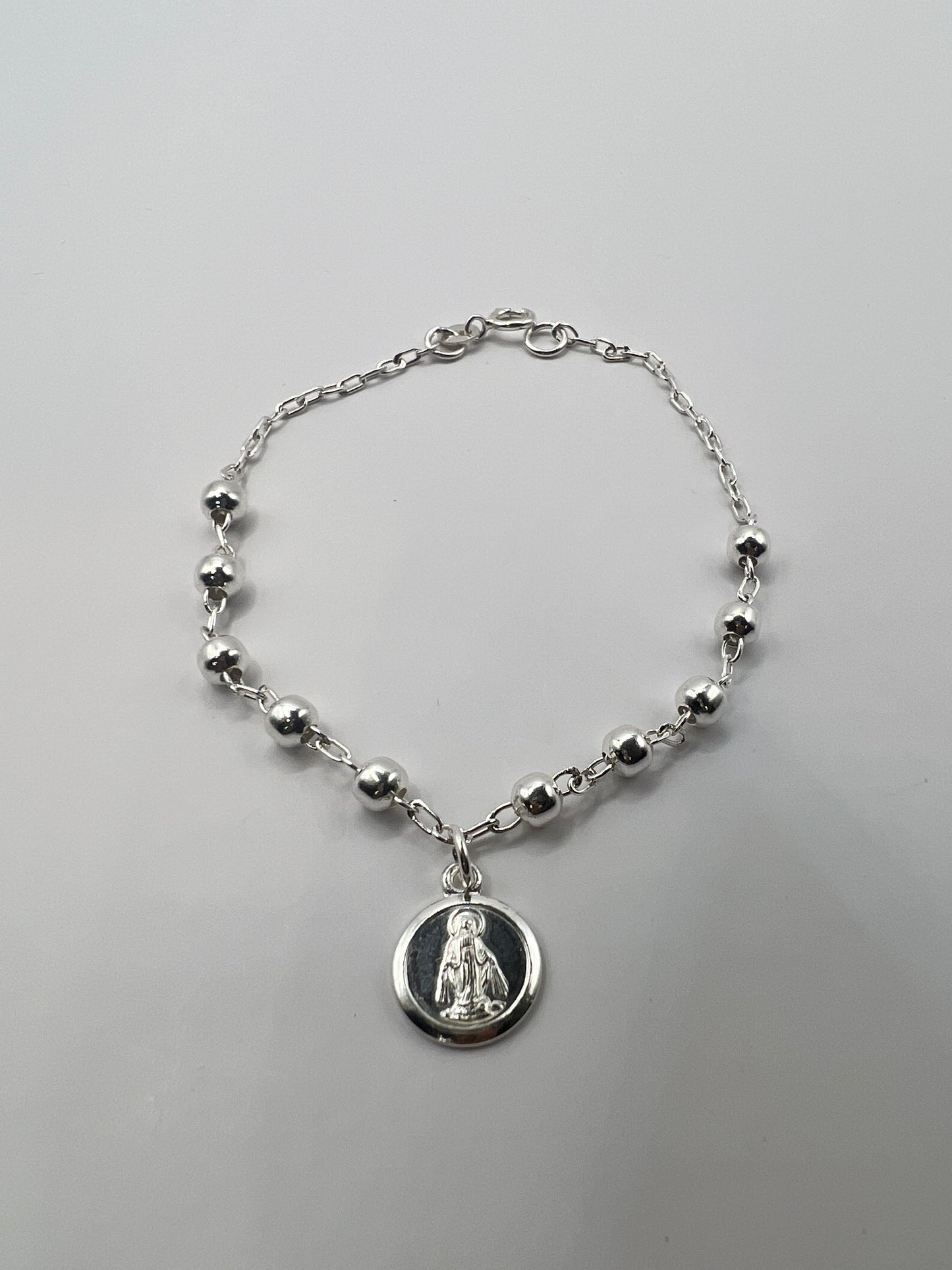 Pulsera Unisex de Plata .925 con Colgante de bolitas y Virgen de Guadalupe 1mm 3.5gr 19cm