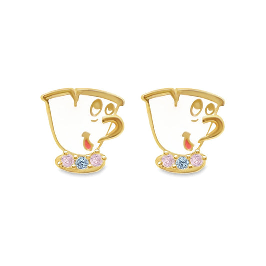 Broqueles Taza Chip la bella y la bestia en oro amarillo 10k con circonias Disney®️ 6mm