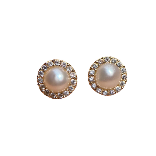 10k yellow gold pave bezel studs with pearl with zircons Code: 14280 6.5mm