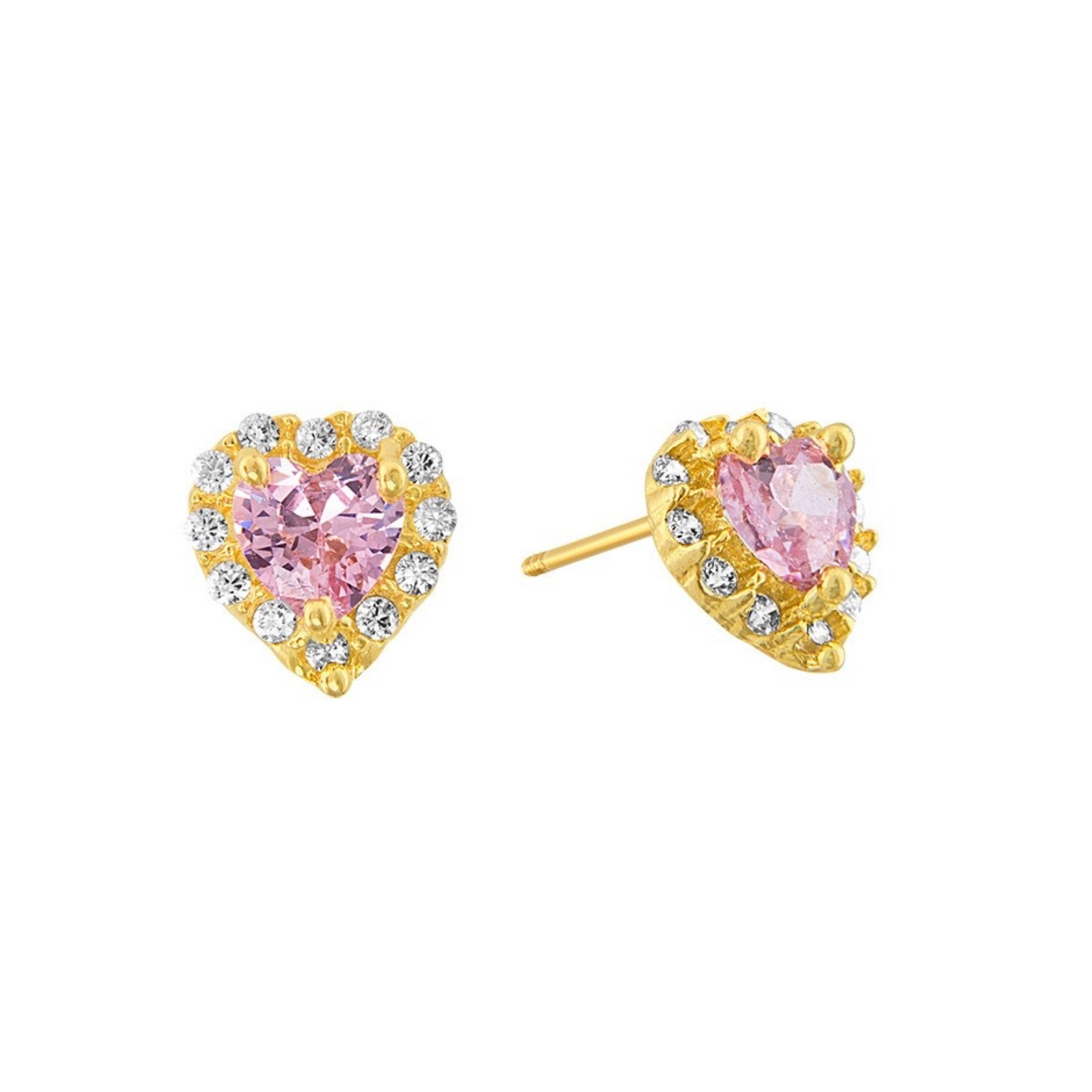 Broqueles corazón con piedra rosa en oro 10k amarillo con circonias  Cod: 14287 6mm