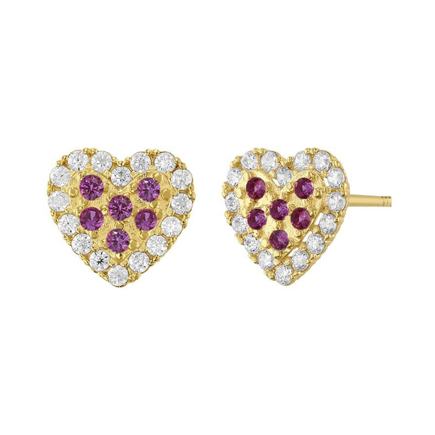 Broqueles Corazon doble piso pavé en oro amarillo 10k con circonias magenta Cod: 14940 6mm