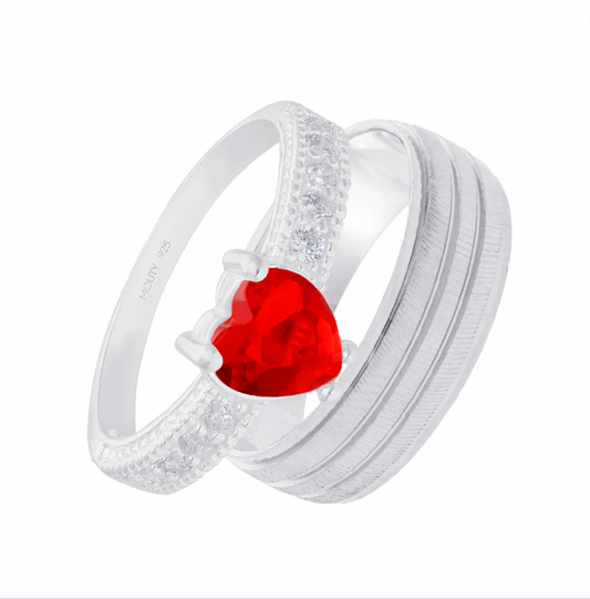 Ethan-Fanny Ring Duo in Silver with Red Zirconia