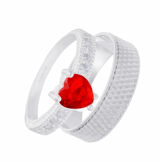 Liam-Fanny Ring Duo in Silver with Red Zirconia